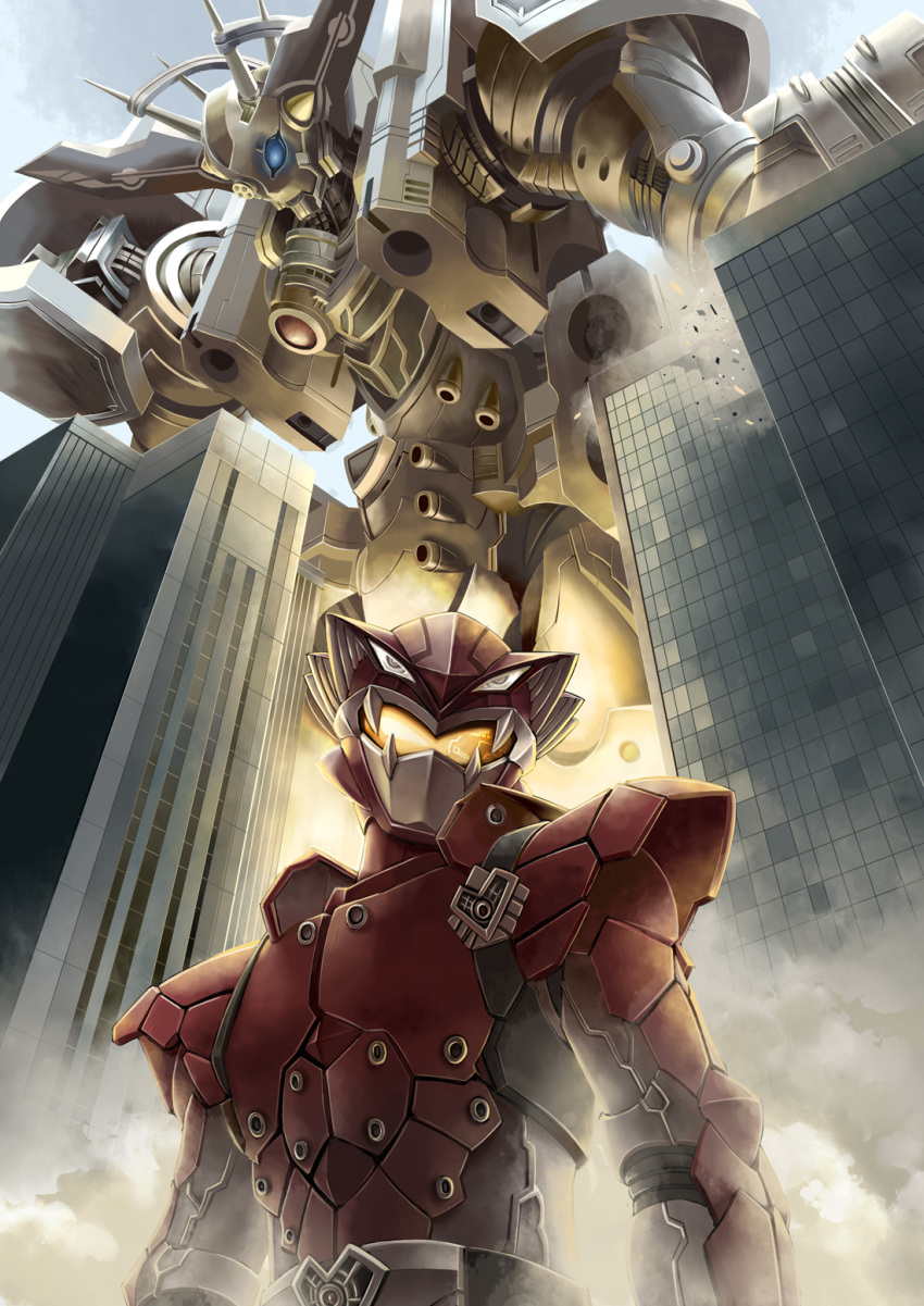 1boy, building, dark_buster, enter_(go-busters), highres, ishida_baru, mask, mecha, megazord_omega, solo, super_sentai, tokumei_sentai_go-busters