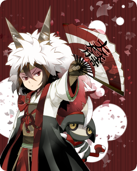 1boy, armor, blade, brown_hair, fan, horns, ishida_mitsunari, ishida_mitsunari_(sengoku_musou)