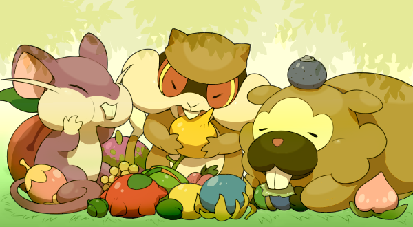 bidoof, closed_eyes, eating, fangs, food, fruit, leaf, mutsuri_(schwarzer-hund), no_humans, patrat, pokemon, pokemon_(creature), rattata