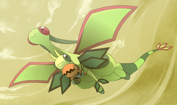 clouds, flygon, flying, mutsuri_(schwarzer-hund), no_humans, pokemon, pokemon_(creature), sand, smile, trapinch, vibrava