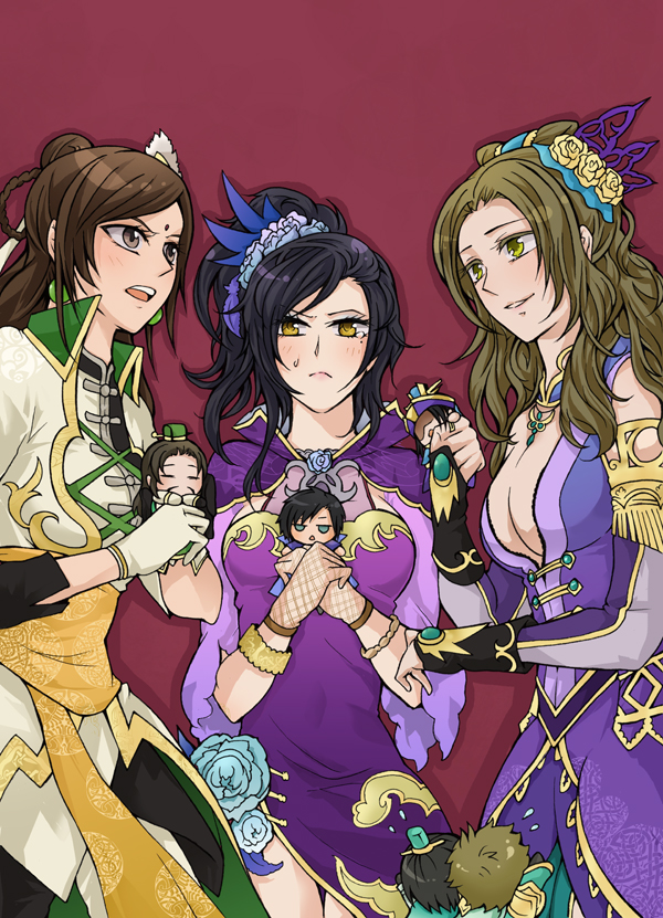 1218tk28, 3girls, black_hair, blue_eyes, blush, breasts, brown_eyes, brown_hair