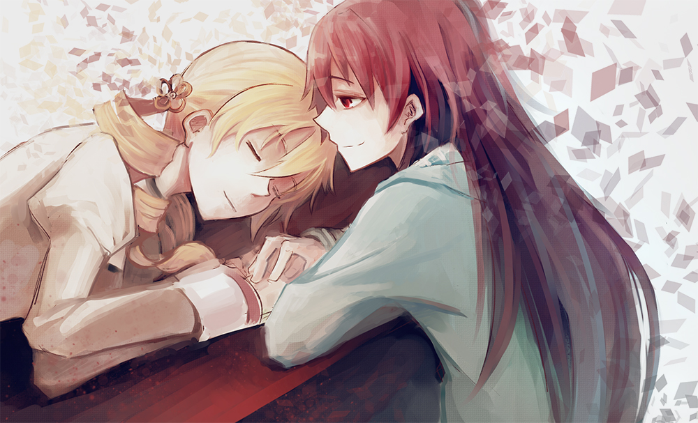 blonde_hair, closed_eyes, die_(artist), drill_hair, long_hair, mahou_shoujo_madoka_magica, multiple_girls, red_eyes