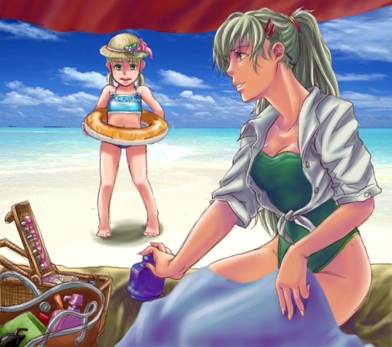 2girls, beach, beach_umbrella, bikini, blush, breasts, cleavage, green_eyes