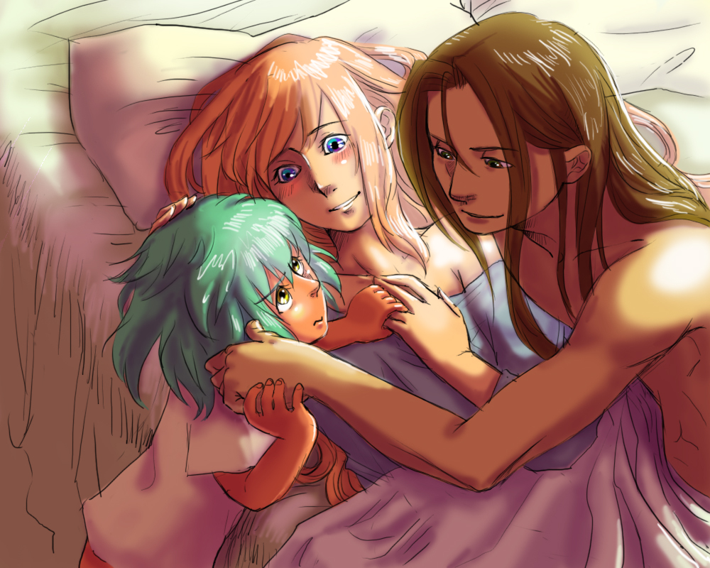 1boy, 2girls, bed, bed_sheet, blue_eyes, brown_hair, elhaym_van_houten, emeralda_kasim, family, father_and_daughter, fei_fong_wong, green_hair, long_hair, mother_and_daughter, multiple_girls, noche_chunzi, orange_hair, pillow, rough, short_hair, smile, xenogears, yellow_eyes