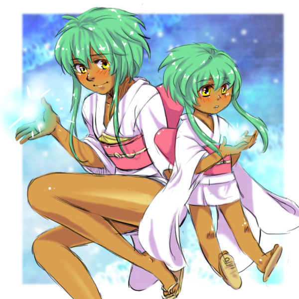 1girl, adult, age_comparison, blush, dark_skin, emeralda_kasim, green_hair, japanese_clothes