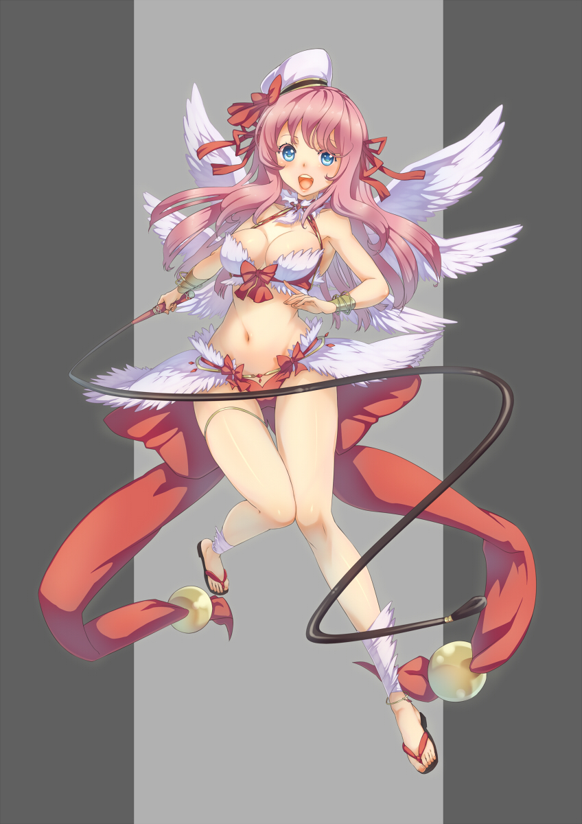 1girl, :d, ankleband, bare_shoulders, blue_eyes, bow, bracelet, breasts