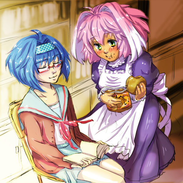 2girls, animal_ears, apron, blue_hair, blush, book, chair, closed_eyes