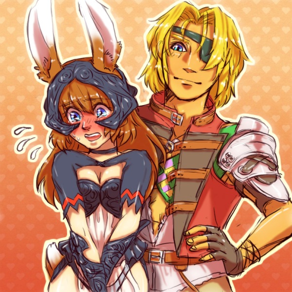 1boy, 1girl, animal_ears, armor, bartholomew_fatima, basch_fon_ronsenburg, basch_fon_ronsenburg_(cosplay), blonde_hair, blue_eyes, blush, breastplate, breasts, brown_hair, cleavage, eyepatch, final_fantasy, final_fantasy_xii, fran, fran_(cosplay), full-face_blush, helmet, long_hair, marguerite_fatima, noche_chunzi, parody, pauldrons, rabbit_ears, see-through, smile, sweatdrop, tail, viera, xenogears