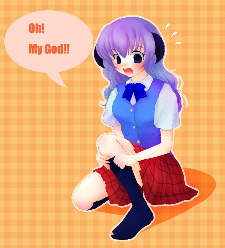 1girl, blue_eyes, english, flying_sweatdrops, hanyuu, higurashi_no_naku_koro_ni, horns, long_hair, open_mouth, purple_hair, skirt, solo, uta_(semimaru)