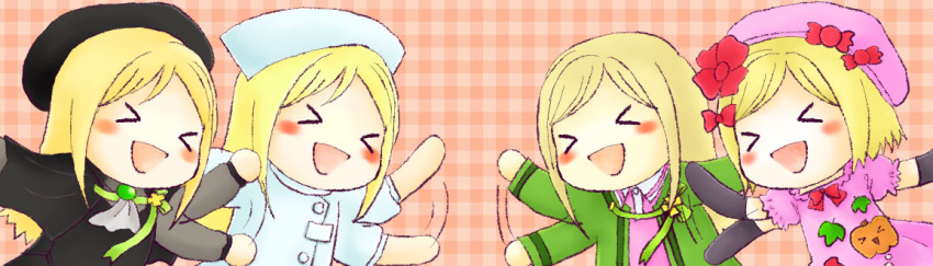 >_<, blonde_hair, blush_stickers, chibi, dual_persona, flower, hair_flower, hair_ornament, hat, higurashi_no_naku_koro_ni, lambdadelta, long_hair, no_nose, open_mouth, takano_miyo, umineko_no_naku_koro_ni, uta_(semimaru)