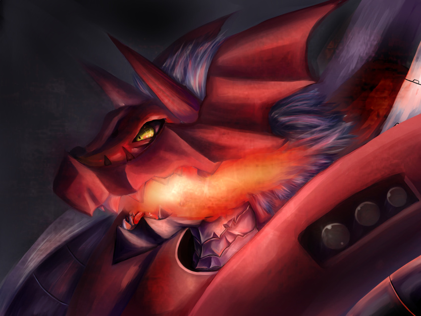 armor, breathing_fire, digimon, digimon_tamers, fire, horns, megalogrowmon, monster