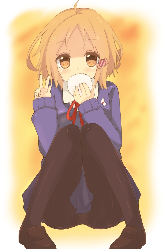 1girl, brown_eyes, brown_hair, candy_wrapper, eating, food, hair_ornament, makino_kanna, mochi, owafu, panties, panties_under_pantyhose, pantyhose, pantyshot, pantyshot_(sitting), school_uniform, short_hair, sitting, tamako_market, underwear, v, wagashi