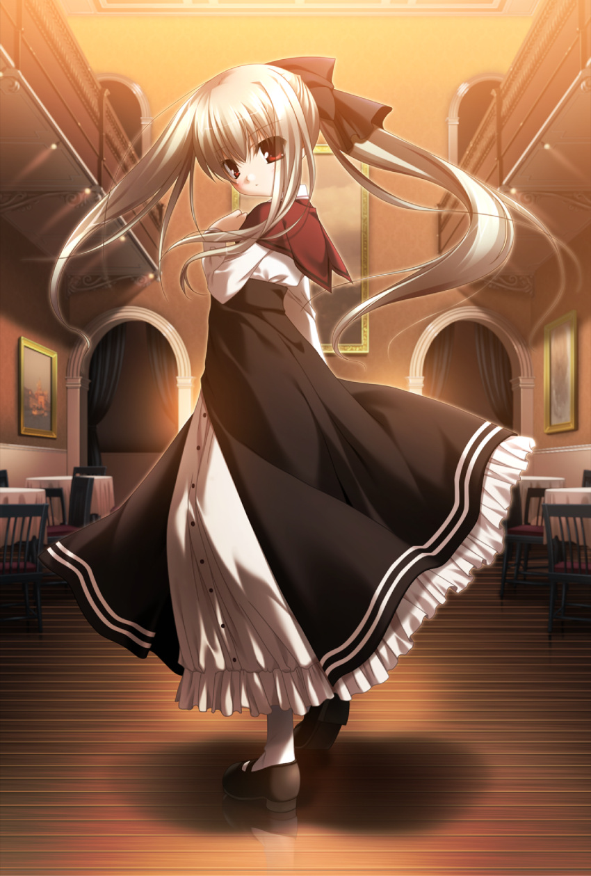 blonde_hair, chikotamu, dress, eden*_they_were_only_two_on_the_planet, hair_ribbon, highres, long_hair, looking_back