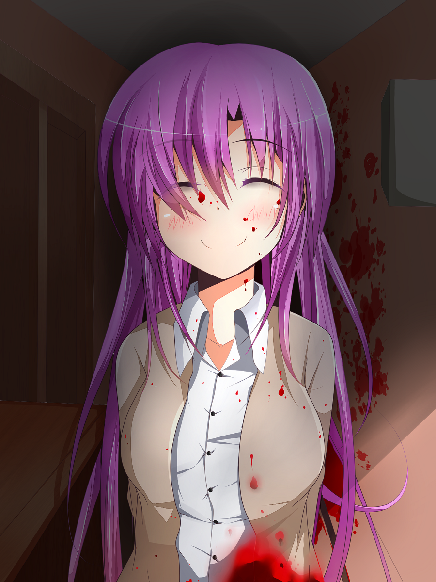 1girl, ^_^, arms_behind_back, blood, blood_on_face, bust, closed_eyes, dress_shirt