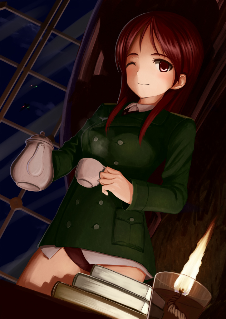 1girl, aksman, book, candle, cup, curtains, military, military_uniform