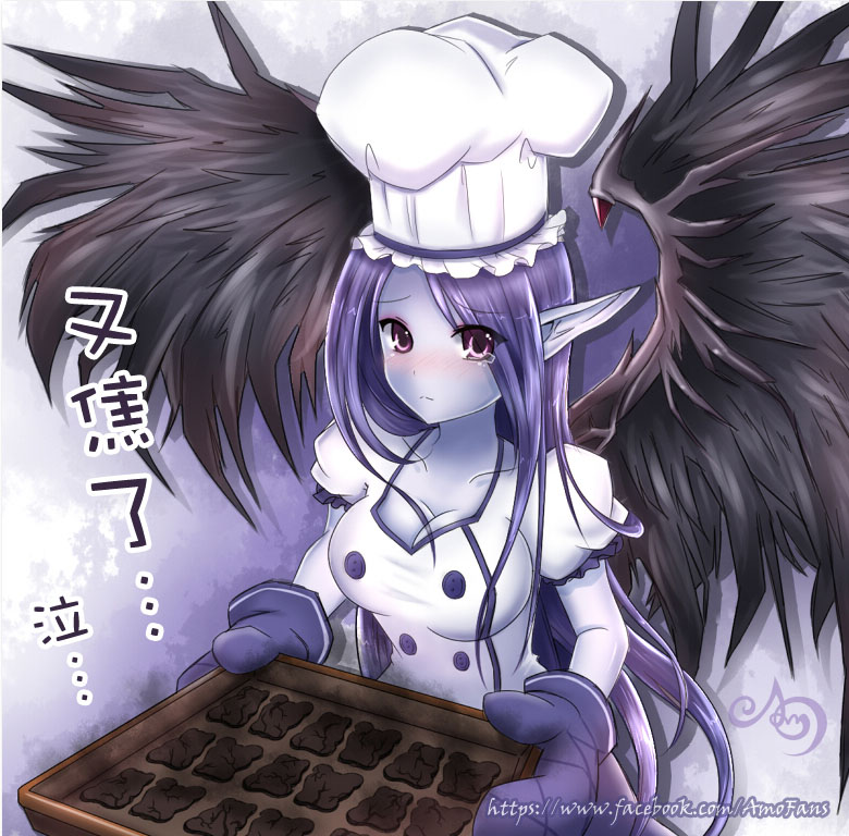 1girl, alternate_costume, amoheavell, blush, breasts, buttons, chef_hat, cleavage, cookie, food, hat, league_of_legends, long_hair, mittens, morgana, pale_skin, pointy_ears, purple_hair, purple_skin, solo, tears, tray, violet_eyes, watermark, web_address, wings
