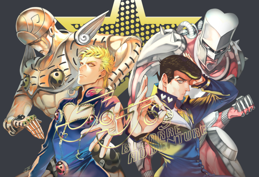 2boys, albinoalli, black_hair, blonde_hair, blue_eyes, crazy_diamond, gakuran, giorno_giovanna, gold_experience, higashikata_jousuke, jojo_no_kimyou_na_bouken, ladybug, multiple_boys, pompadour, school_uniform, stand_(jojo)