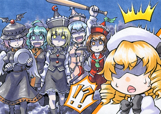 !?, 6+girls, ahoge, baseball_bat, blonde_hair, blue_hair, boww, breasts