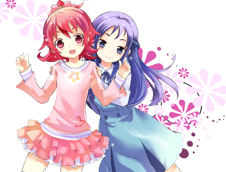 2girls, aida_mana, blue_eyes, blue_hair, bow, dokidoki!_precure, dress, frilled_skirt