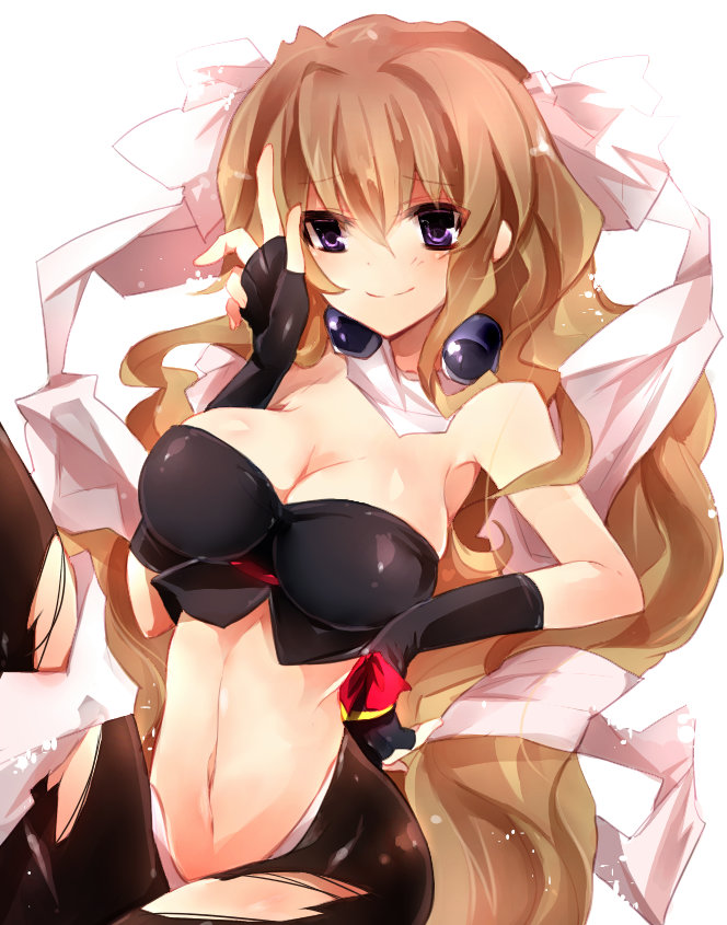 1girl, aoi_kimi, black_gloves, breasts, brown_hair, cleavage, fingerless_gloves, gloves