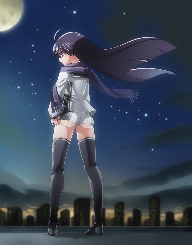 1girl, black_hair, emappo, kuroki_rei, long_hair, scarf, school_uniform, short_shorts