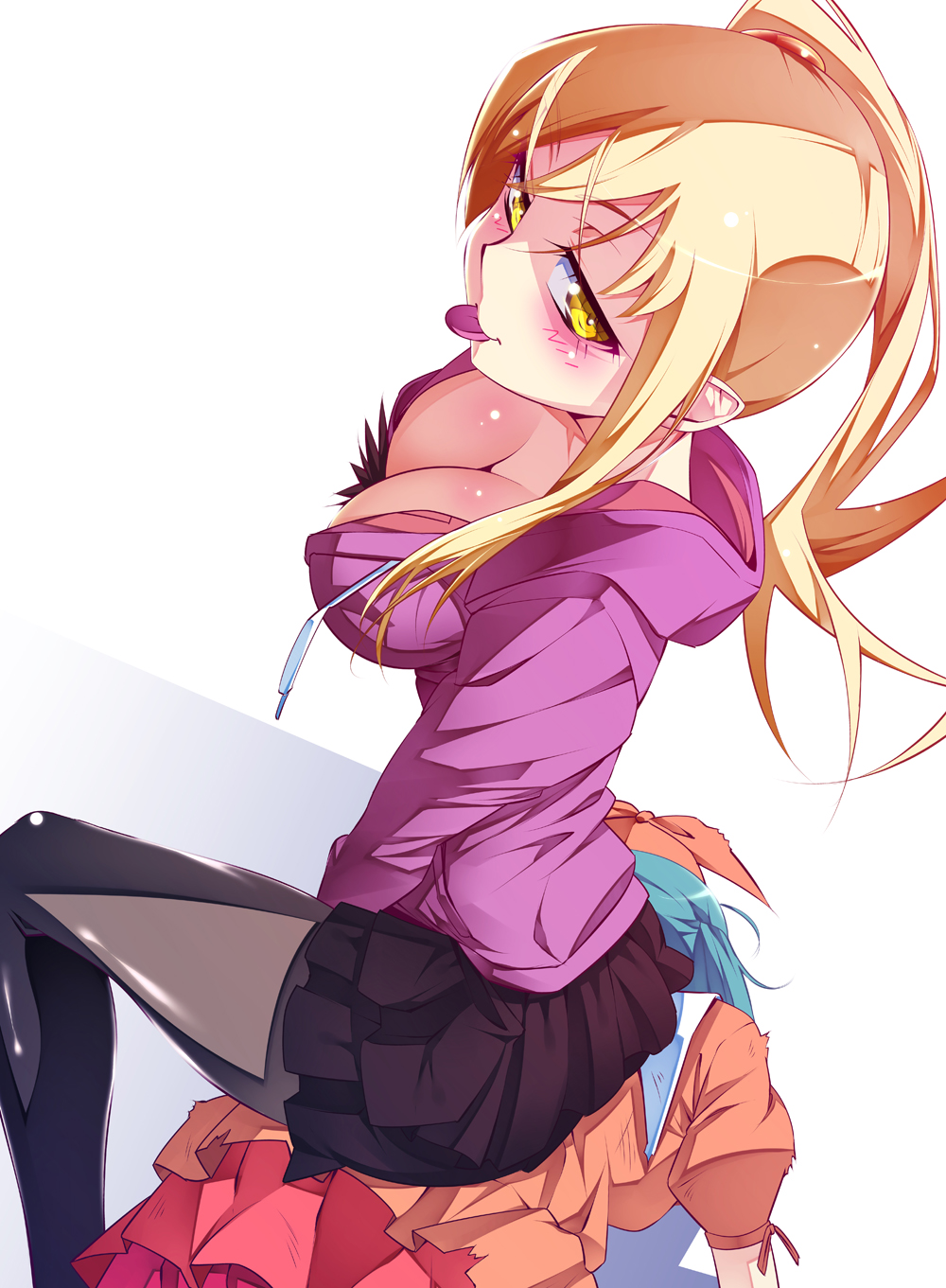 2girls, :p, blonde_hair, blue_hair, blush, breasts, cleavage, hoodie