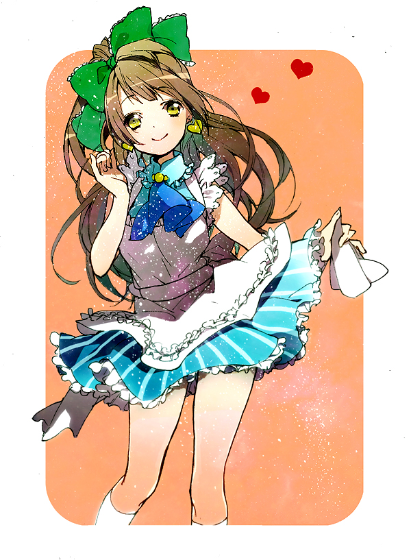 1girl, apron, bow, brown_eyes, brown_hair, dress, earrings, frills