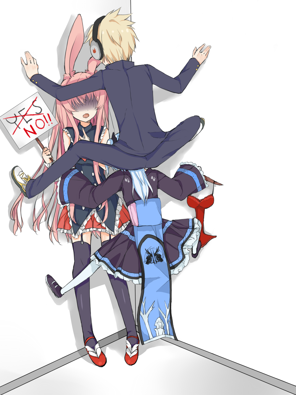 blonde_hair, cicada_block, headphones, kurousagi_(mondaiji-tachi_ga_isekai_kara_kuru_sou_desu_yo?), mondaiji-tachi_ga_isekai_kara_kuru_sou_desu_yo?, pantyhose, pink_hair, sakamari_izayoi