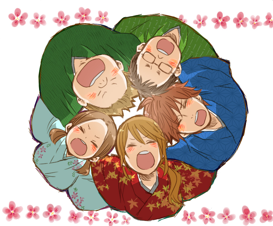 2girls, 3boys, ayase_chihaya, blush, brown_hair, chihayafuru, closed_eyes, glasses