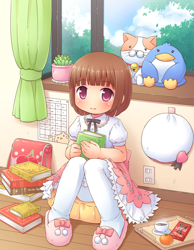 bag, bangs, blunt_bangs, blush, book, brown_hair, cherry, cup, curtains, cushion, electric_socket, food, fruit, hat, hat_removed, headwear_removed, heart, holding, holding_book, indoors, looking_at_viewer, mizuno_mumomo, momono_kokone, original, pantyhose, pocky, puffy_short_sleeves, puffy_sleeves, school_bag, short_hair, short_sleeves, sitting, skirt, sky, slippers, stuffed_animal, stuffed_toy, tea, teacup, tray, tree, violet_eyes, white_legwear, window