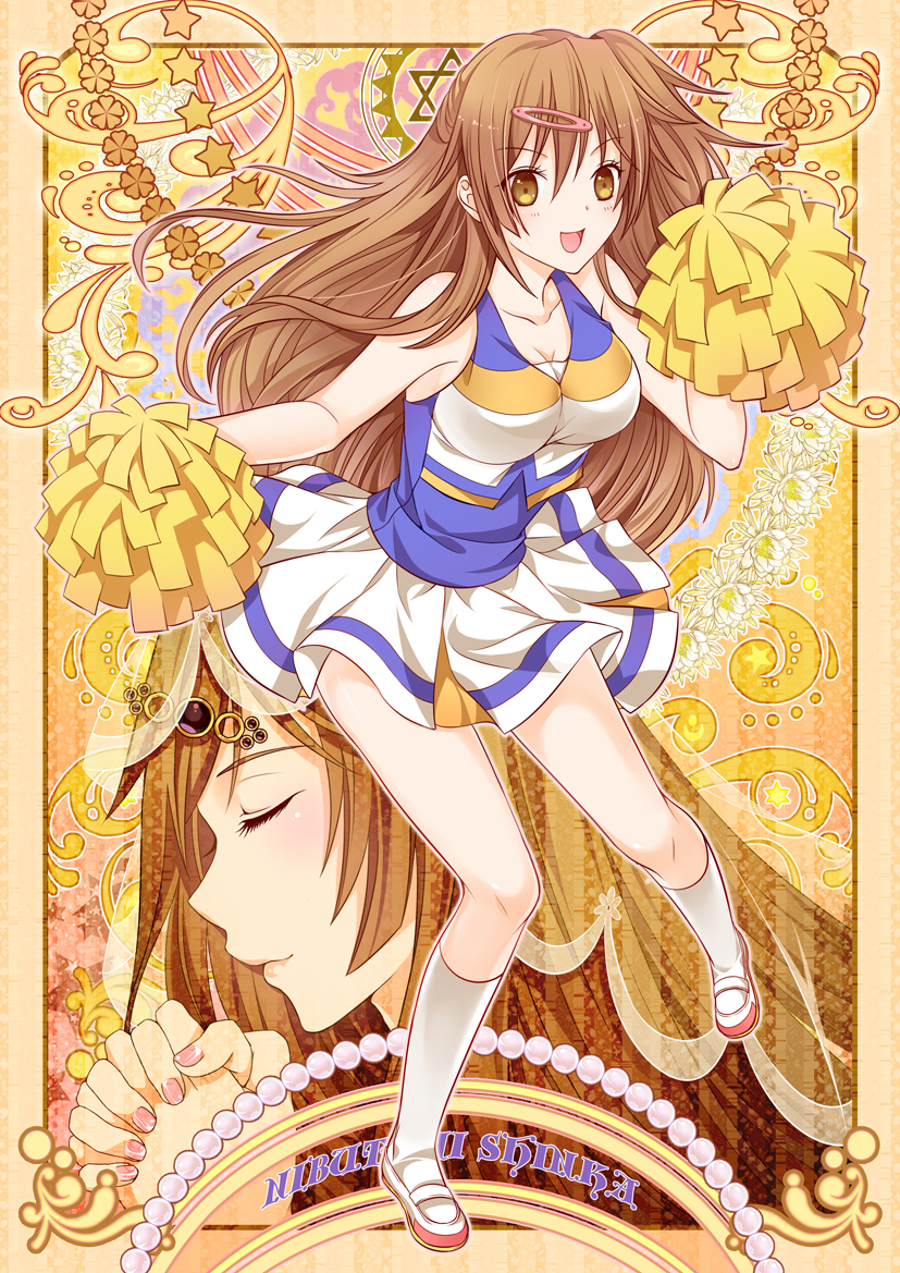 1girl, brown_eyes, brown_hair, cheerleader, chuunibyou_demo_koi_ga_shitai!, hair_ornament, hairclip, long_hair