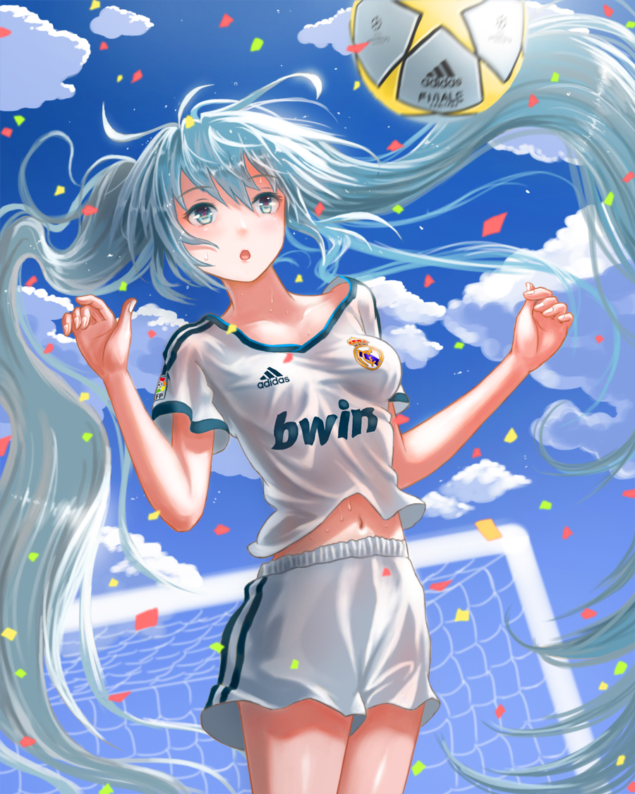 1girl, adidas, aqua_eyes, aqua_hair, ball, clouds, confetti, goal