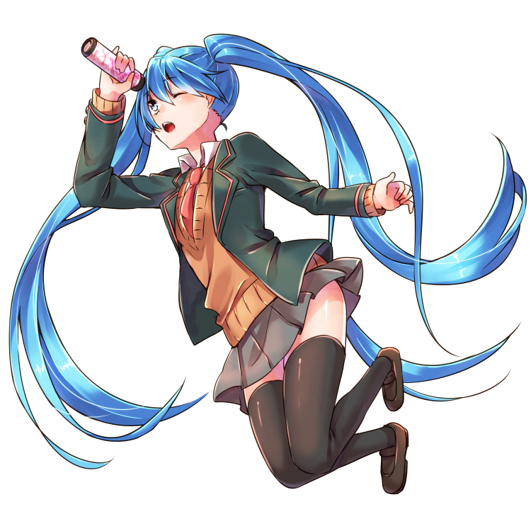 1girl, blazer, blue_eyes, blue_hair, hatsune_miku, kaleidoscope, loafers, long_hair