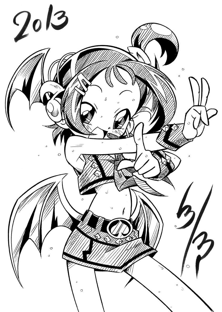 1girl, 2013, arukime, blush, headset, low_wings, midriff, miniskirt