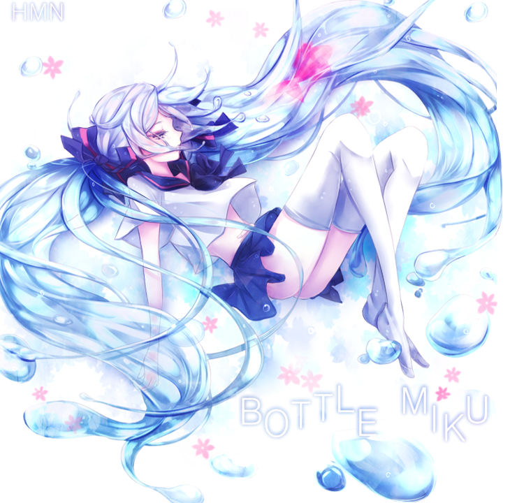1girl, aqua_hair, artist_name, bottle_miku, character_name, closed_eyes, fish, fkfkfkfkrhdm