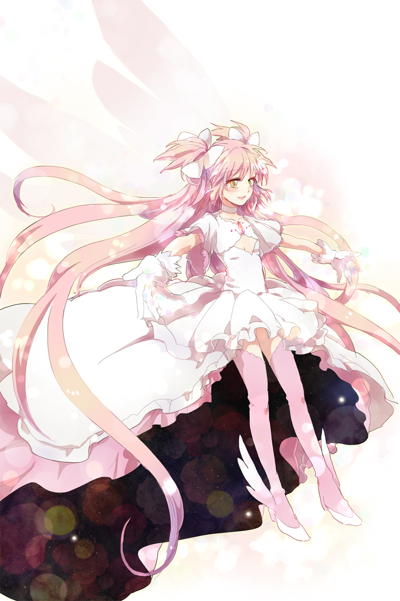 1girl, ankle_wings, blush, gloves, goddess_madoka, light_smile, long_hair, mahou_shoujo_madoka_magica