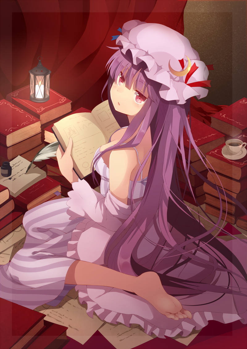 1girl, bad_id, barefoot, blush, book, breasts, candle, cleavage