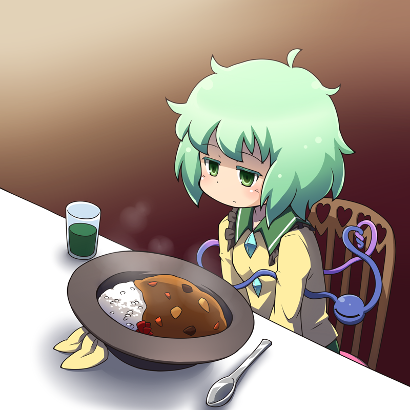 1girl, chair, curry, food, glass, green_eyes, green_hair, hat