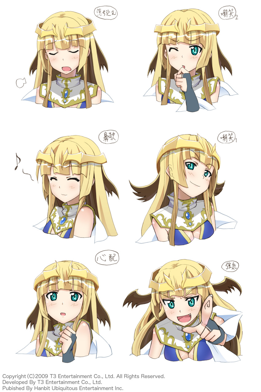 6+girls, :3, arksign, blush, breasts, bridal_gauntlets, character_sheet, cleavage, closed_eyes, expressions, fang, happy, head_tilt, highres, kimura_tatsukiyui_(arksign), long_hair, multiple_girls, musical_note, open_mouth, pointing, pointing_at_viewer, scared, shawl, sigh, smug, tiara, wink
