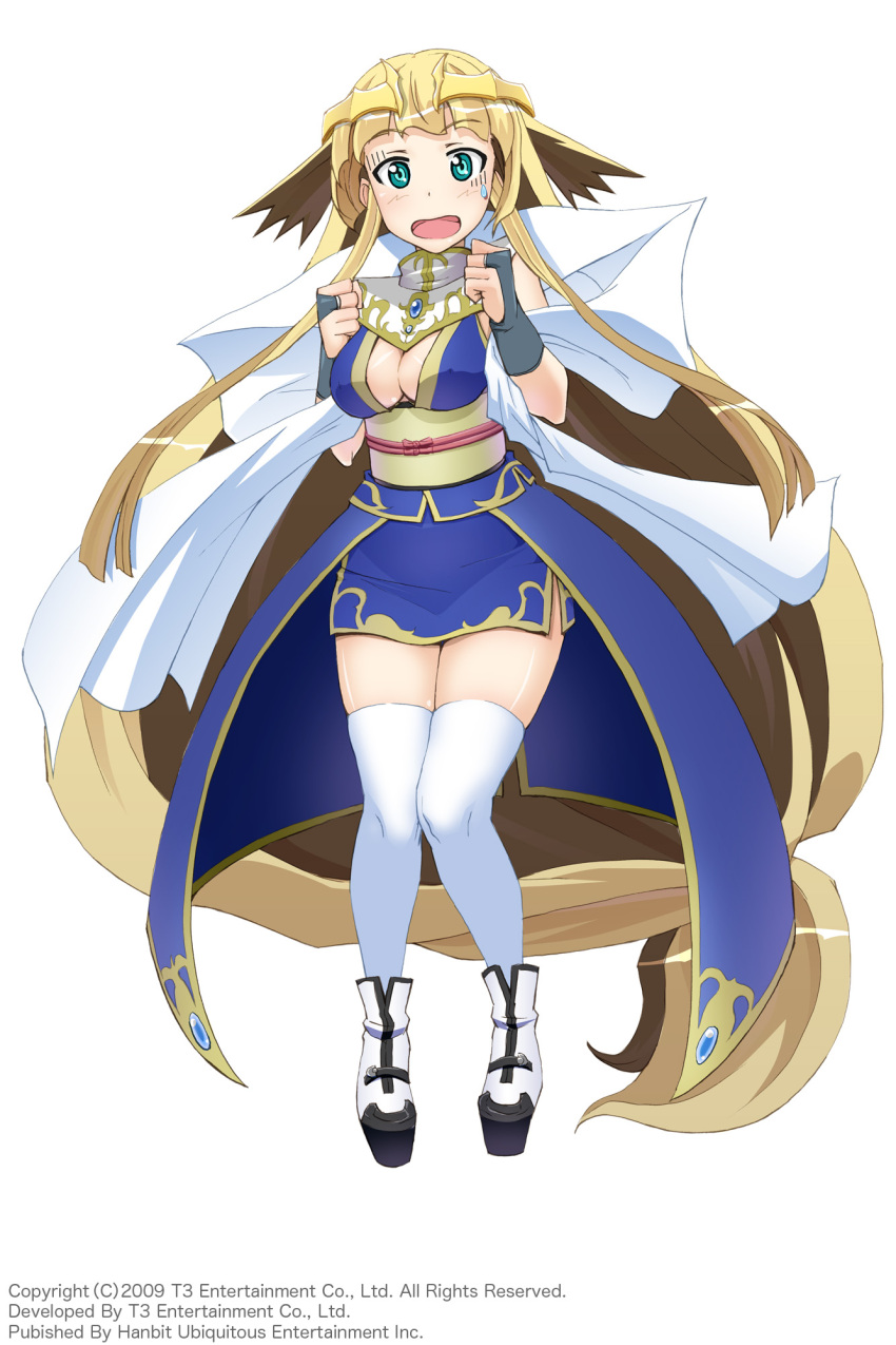 1girl, absurdly_long_hair, arksign, blonde_hair, blue_eyes, breasts, bridal_gauntlets, cleavage