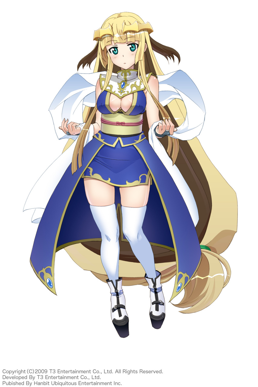 1girl, absurdly_long_hair, arksign, blonde_hair, blue_eyes, breasts, bridal_gauntlets, cleavage