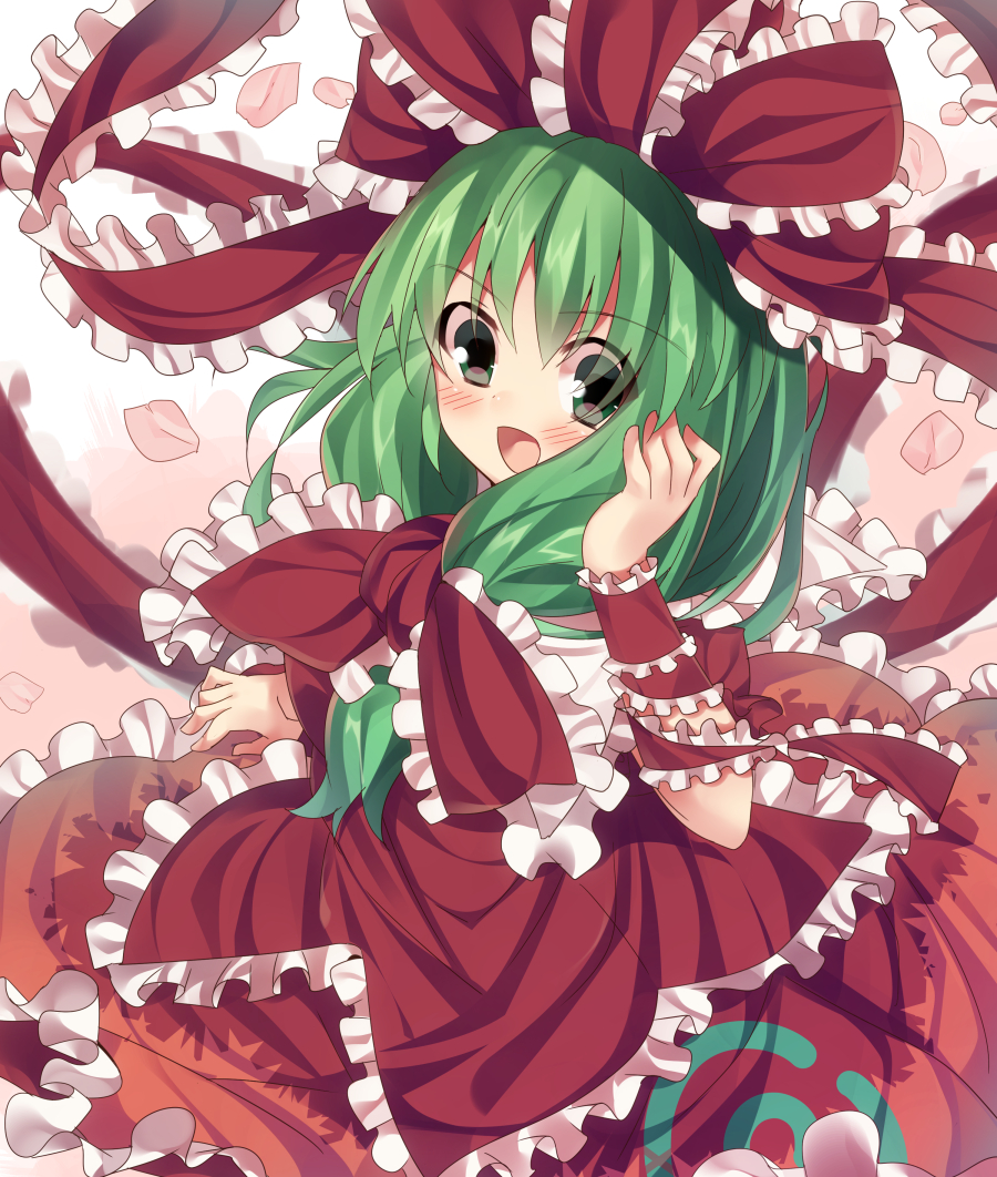 1girl, blush, front_ponytail, green_eyes, green_hair, hair_ribbon, kagiyama_hina, long_hair