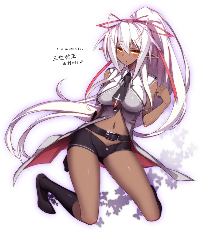 1girl, antenna_hair, belt, blush, breasts, dark_elf, dark_skin, dougan_calpis_con