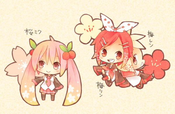 1boy, 2girls, blonde_hair, character_name, cherry, chibi, detached_sleeves, food