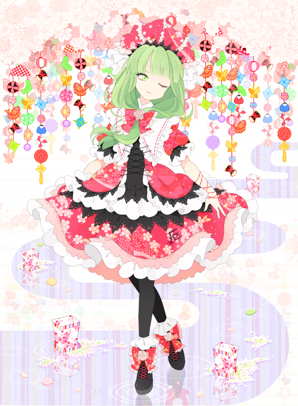 1girl, black_legwear, boots, dress, front_ponytail, green_eyes, green_hair, highres