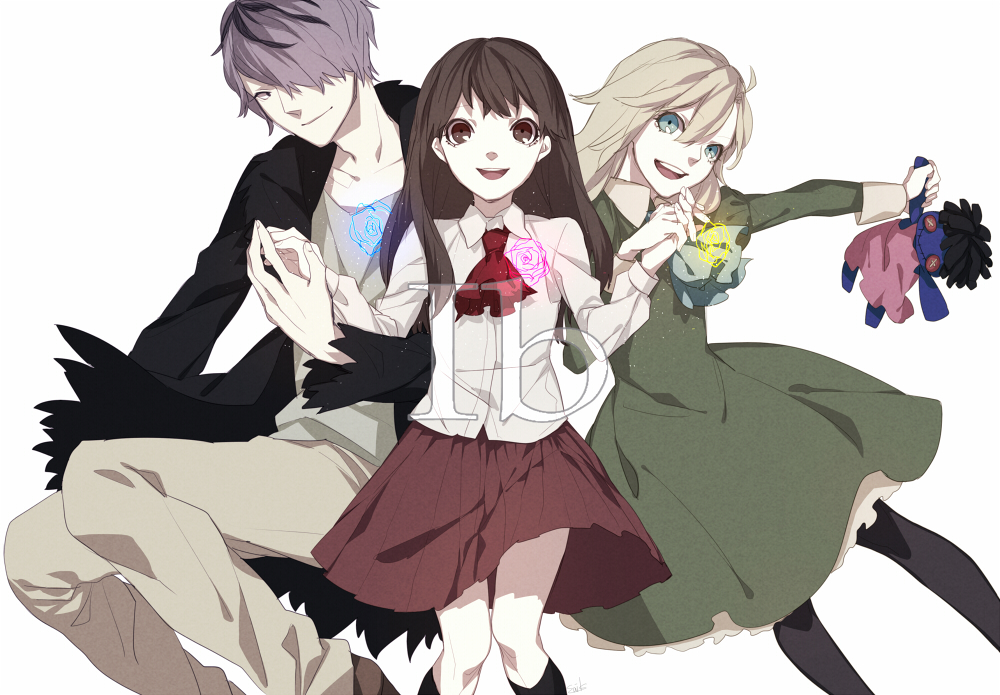 blonde_hair, blue_eyes, brown)hair, brown_eyes, coat, doll, dress, flower, garry_(ib), hair_over_one_eye, hands_clasped, ib, ib_(ib), mary_(ib), purple_hair, rose, saikawa_(0902k137), skirt, smile