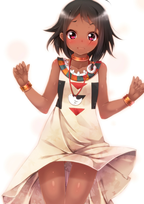 1girl, alza, black_hair, blush, bracelet, choi_mochimazzui, choker, dark_skin, jewelry, looking_at_viewer, pink_eyes, short_hair, solo, tamako_market