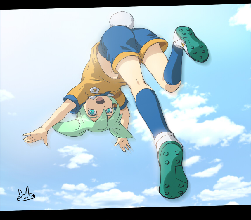 1boy, ass, blue_eyes, bunny_tail, dutch_angle, fei_rune, from_behind, green_hair
