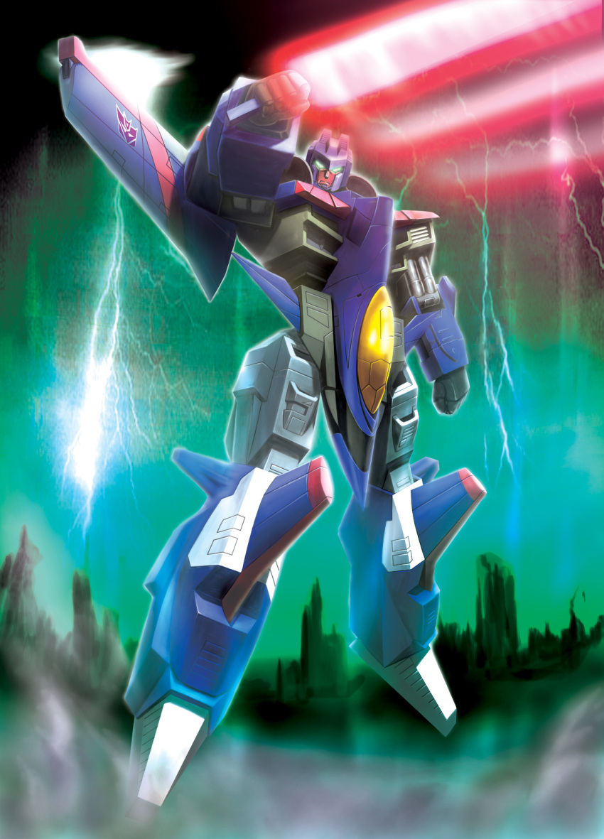 80s, character_request, decepticon, energy_sword, flying, hiro_(hibikigaro), lightning, looking_at_viewer