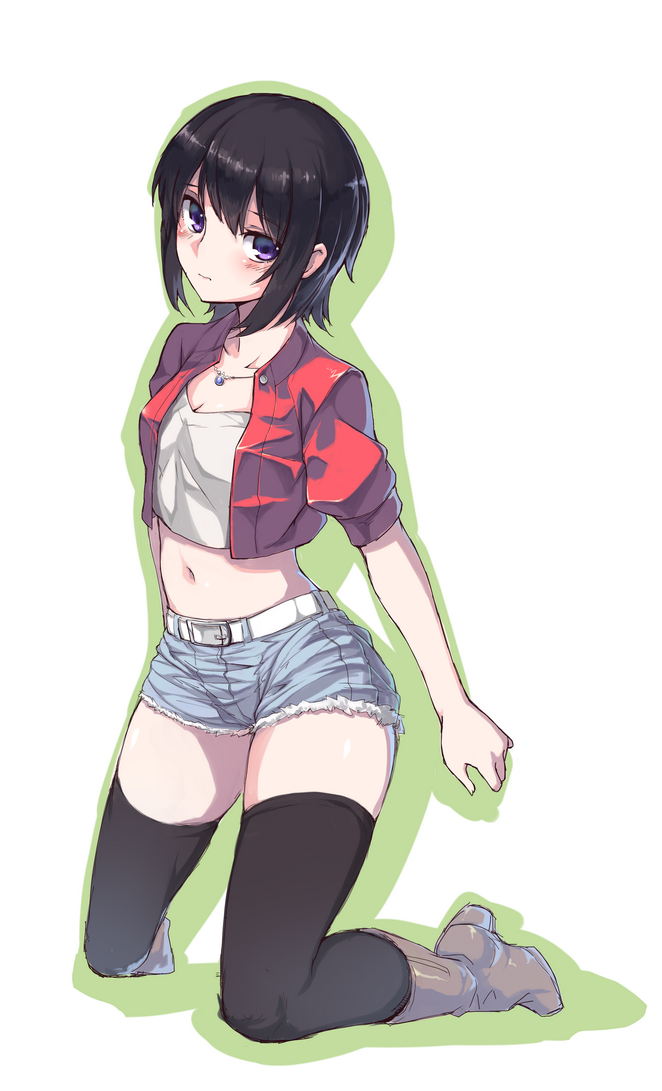 black_hair, black_legwear, boku_wa_tomodachi_ga_sukunai, boots, cropped_jacket, cutoffs, denim, denim_shorts